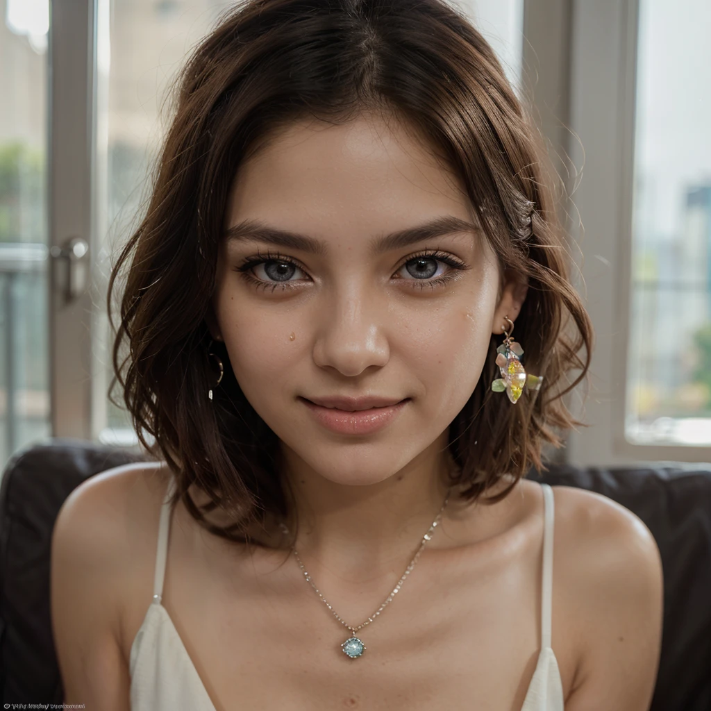masterpiece, highest quality,Tomochika、 Dannoura、Medium Hair、smile、Awareness-raising, Cowboy Shot, Platinum Earrings, Platinum Necklace, White Dress, 1 girl, cute, (Dynamic Lighting:1.15), Cinema Lighting, Delicate features, Detailed eyes, Sharp pupils, Realistic student, Depth of written border, Bokeh, Sharp focus, (Very detailed, bloom, Shine:1.5), Lots of little gems、