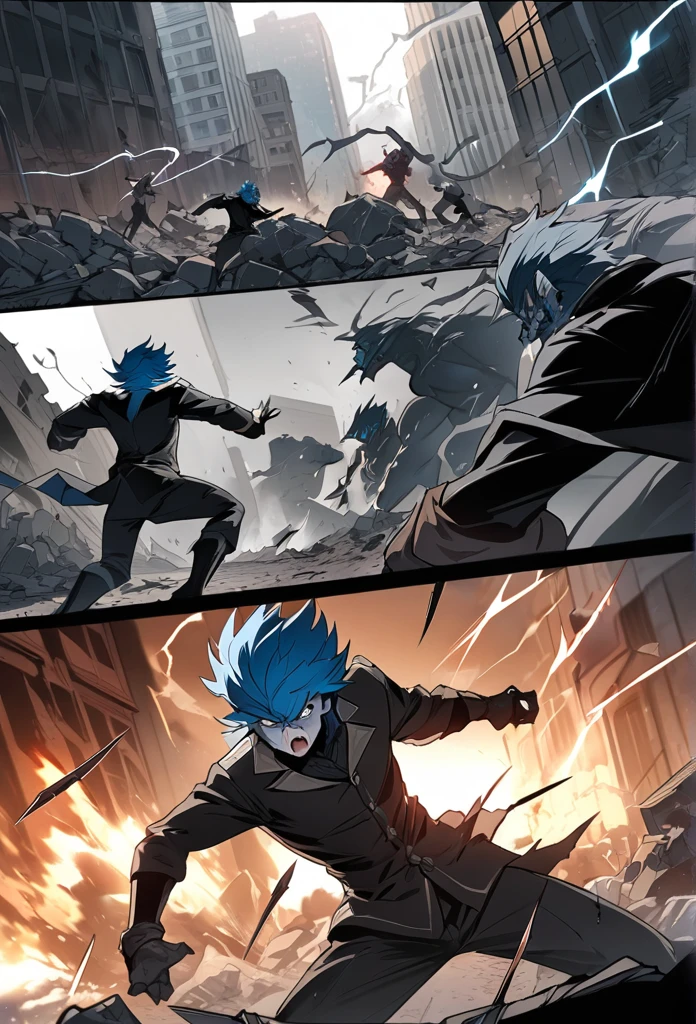 ((highest quality)), ((masterpiece)), ((detailed)), a dynamic scene with a man with blue hair and blue eyes in a powerful pose, throwing multiple knives emitting lightning at shadowy, demonic creatures made of smoke, set in a destroyed city with rubble, comic ebook storyboard, intense action, dramatic confrontation, high resolution, three panels HQ Chicken face detailed face