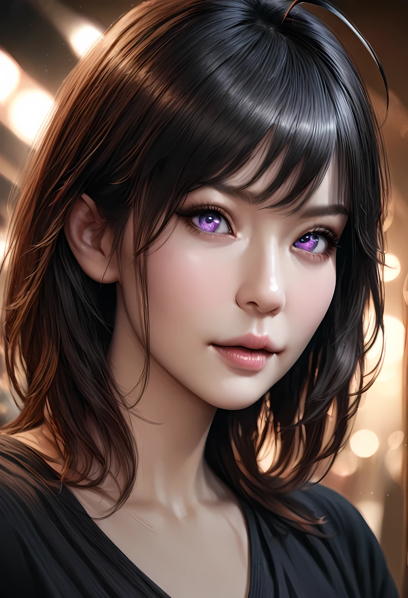 masterpiece, best quality, very aesthetic, absurdres, newest,animetoreal, beautiful detailed eyes, beautiful detailed lips, extremely detailed eyes and face, long eyelashes, elegant pose, realistic, photorealistic, photo-realistic:1.37, (best quality,4k,8k,highres,masterpiece:1.2),ultra-detailed,(realistic,photorealistic,photo-realistic:1.37),studio lighting,vivid colors,bokeh, ,maple (bofuri),bofuri,1girl, medium hair, ahoge, purple eyes, hair ornament, black dress, mini-skirt,,in stairwell,