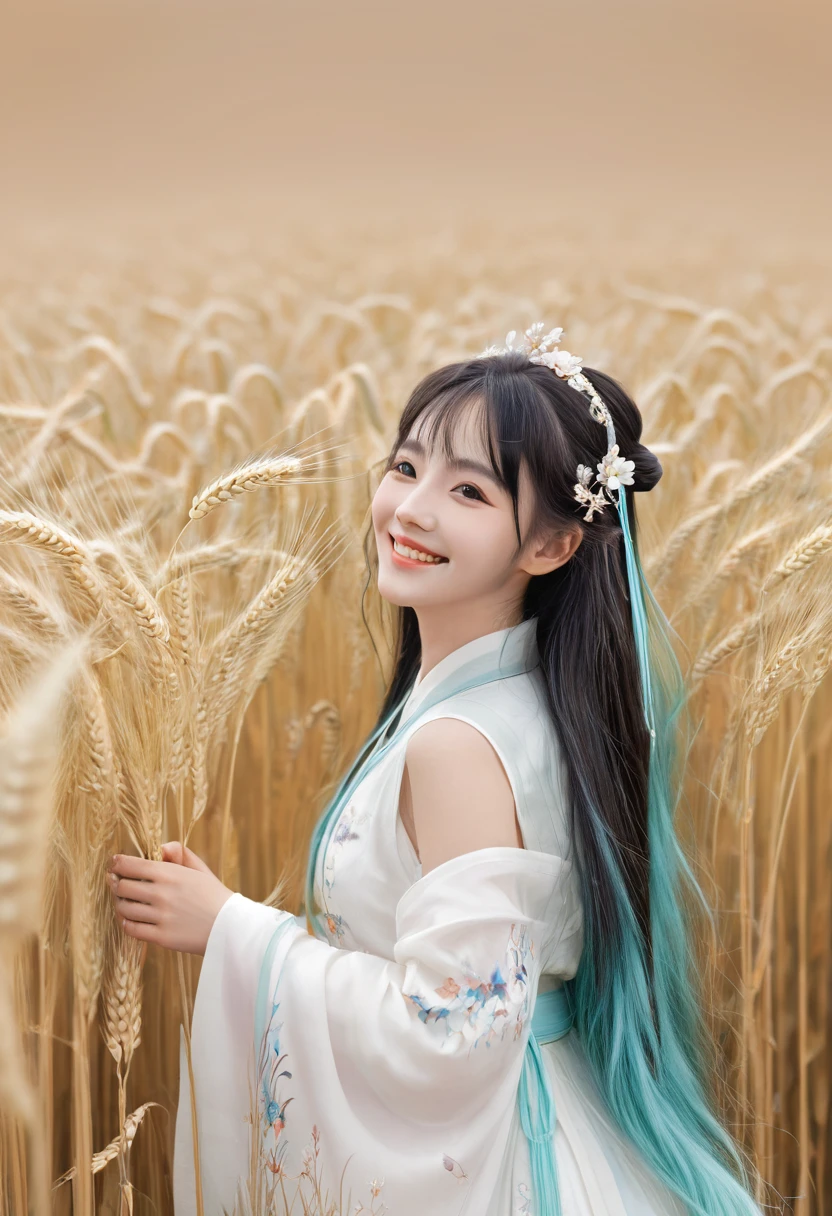 masterpiece, best quality, ultra highres, detailed illustration, portrait, detailed, 1girl standing in wheat field, solo, long hair, dress, flower, white hanfu, smile, full body, white flower, bare shoulders, very long hair, aqua hair, closed mouth, facing viewer, bangs,