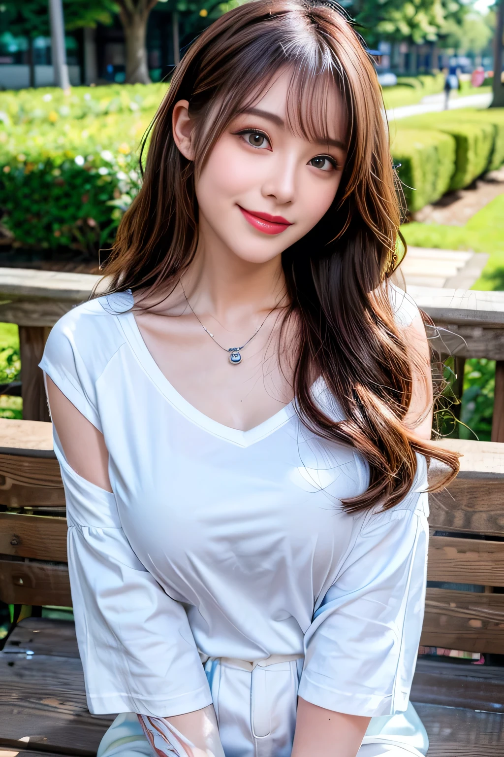 seed;88117315,((Full Body Angle))、((Front hair:1.3))、((Highest quality, 8K, masterpiece: 1.3)), concentrated: 1.2, Cute girl 1,Nipples erect、 Perfect beauty: 1.4,Cut and sewn T-shirt Raglan sleeve summer short sleeve T-shirt.Shorts: 1.2,Long sleeve、Randall Color、comics&Text Graphics、Black ruffle-trimmed drawstring zip blouse,1.1, Highly detailed face and skin textures, Fine grain, double eyelid, whitening skin, ,Highest quality,Ultra-high resolution,you,1 girl,alone,_Shiny_skin,Iris,necklace,((brown_length_Wavy_hair)),(lips)),eyelash,Front hair,deal with,compensate,Shiny,pore,skin,Large Breasts、((smiling face))、Riverside Walk、walk、