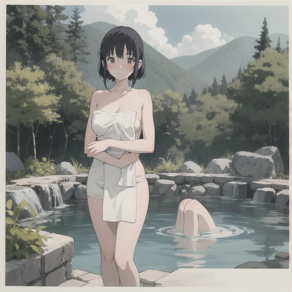 {{Wrapped in a bath towel}}Woman with a towel wrapped around her body, .illustration, hot spring, standing, Ghibli style, high resolution, mother