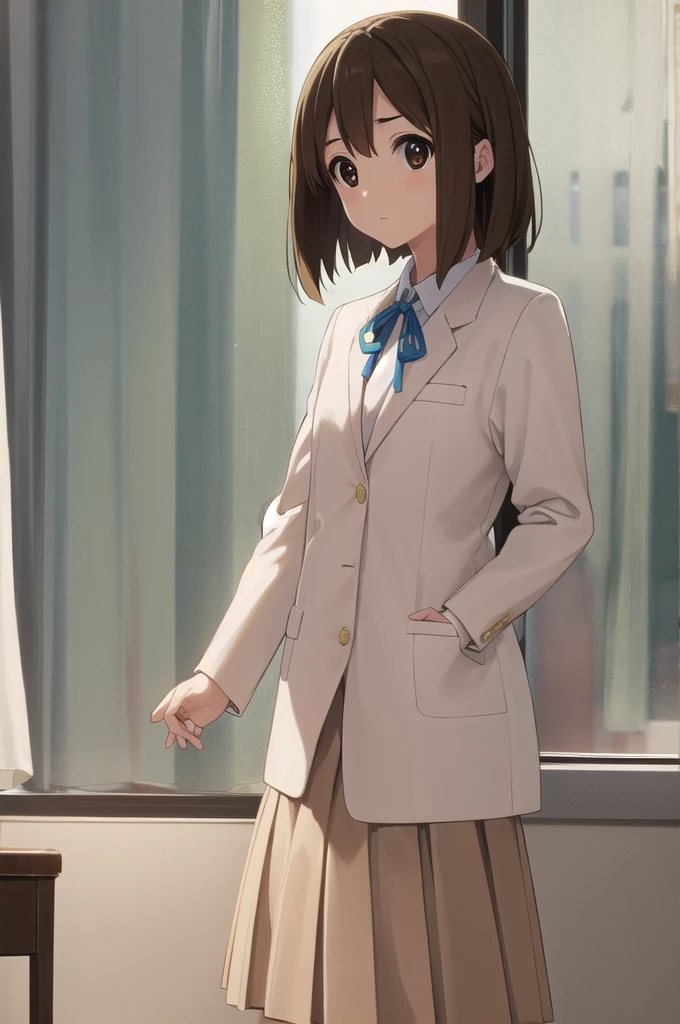 yuihirasawa, yui hirasawa, short hair, brown hair, hair ornament, (brown eyes:1.5), hairclip,
BREAK sakuragaoka high , , uniform, blazer, shirt, white shirt, collared shirt, skirt, pleated skirt,
BREAK indoors, classroom,
BREAK looking at viewer, (cowboy shot:1.5),
BREAK (masterpiece:1.2), best quality, high resolution, unity 8k wallpaper, (illustration:0.8), (beautiful detailed eyes:1.6), extremely detailed face, perfect lighting, extremely detailed CG, (perfect hands, perfect anatomy),
