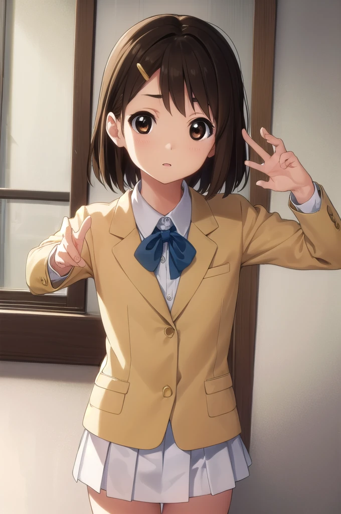 yuihirasawa, yui hirasawa, short hair, brown hair, hair ornament, (brown eyes:1.5), hairclip,
BREAK sakuragaoka high , , uniform, blazer, shirt, white shirt, collared shirt, skirt, pleated skirt,
BREAK indoors, classroom,
BREAK looking at viewer, (cowboy shot:1.5),
BREAK (masterpiece:1.2), best quality, high resolution, unity 8k wallpaper, (illustration:0.8), (beautiful detailed eyes:1.6), extremely detailed face, perfect lighting, extremely detailed CG, (perfect hands, perfect anatomy),