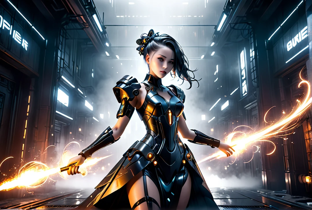 intricate detailed cyberpunk girl, gorgeous woman in futuristic robotic dress, dramatic lighting, sparks of fire, glowing particles, cinematic high contrast, moody atmosphere, volumetric fog, intricate mechanical details, hyper realistic, unreal engine, high quality, award winning, elegant, stunning, evocative, masterpiece