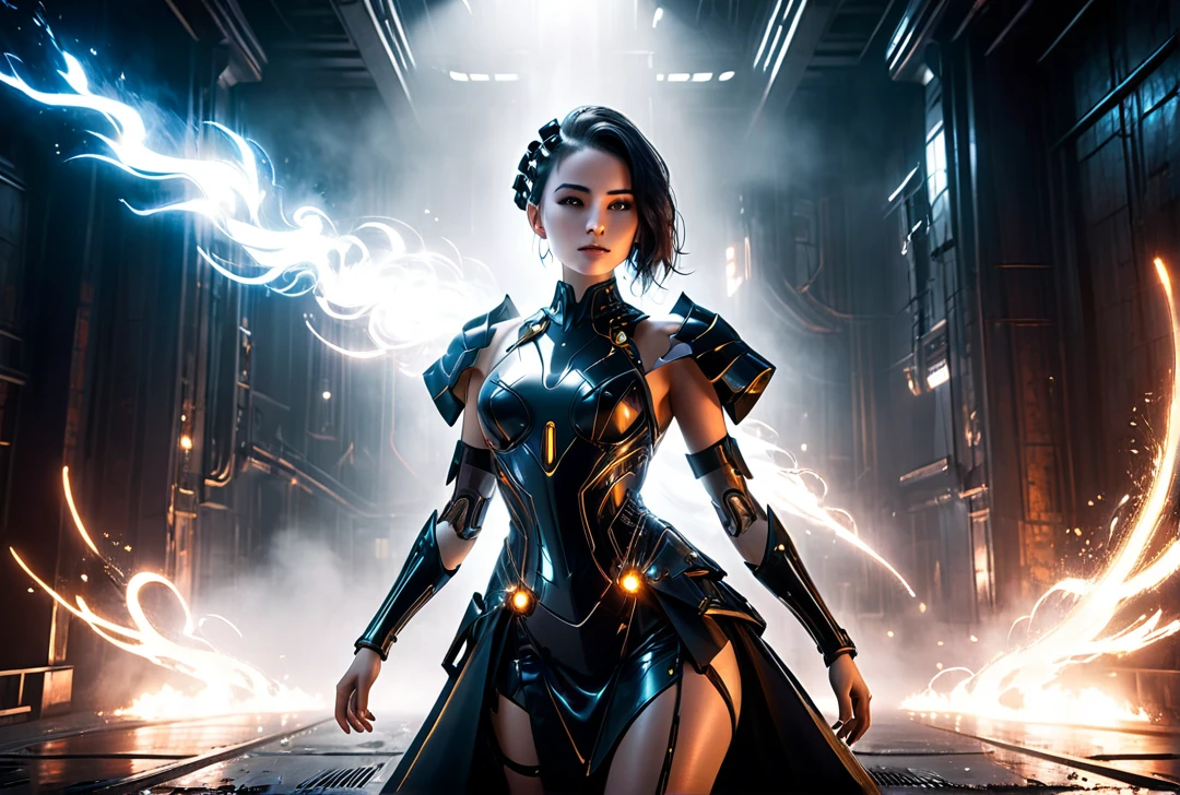 intricate detailed cyberpunk girl, gorgeous woman in futuristic robotic dress, dramatic lighting, sparks of fire, glowing particles, cinematic high contrast, moody atmosphere, volumetric fog, intricate mechanical details, hyper realistic, unreal engine, high quality, award winning, elegant, stunning, evocative, masterpiece