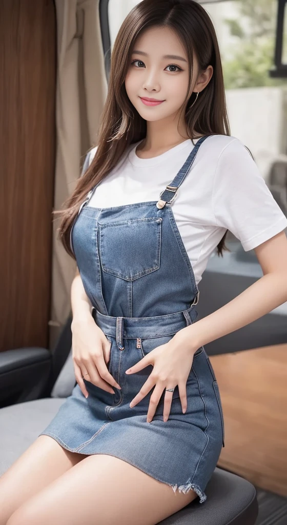 Highest quality, shape, Ultra The finer details, The finer details, High resolution, 8k wallpaper, Perfect dynamic composition, Beautiful and detailed eyes, Natural lips, T-Shirts,Denim mini skirt, cute, Medium chest, Medium Back, , full length, One girl,, smile, room、 Thighs, squat、Spread your legs、