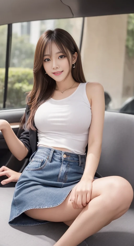 Highest quality, shape, Ultra The finer details, The finer details, High resolution, 8k wallpaper, Perfect dynamic composition, Beautiful and detailed eyes, Natural lips, T-Shirts,Denim mini skirt,  cute, Medium chest, Medium Back, , full length, One girl,, smile, room、 Thighs, squat、Spread your legs、