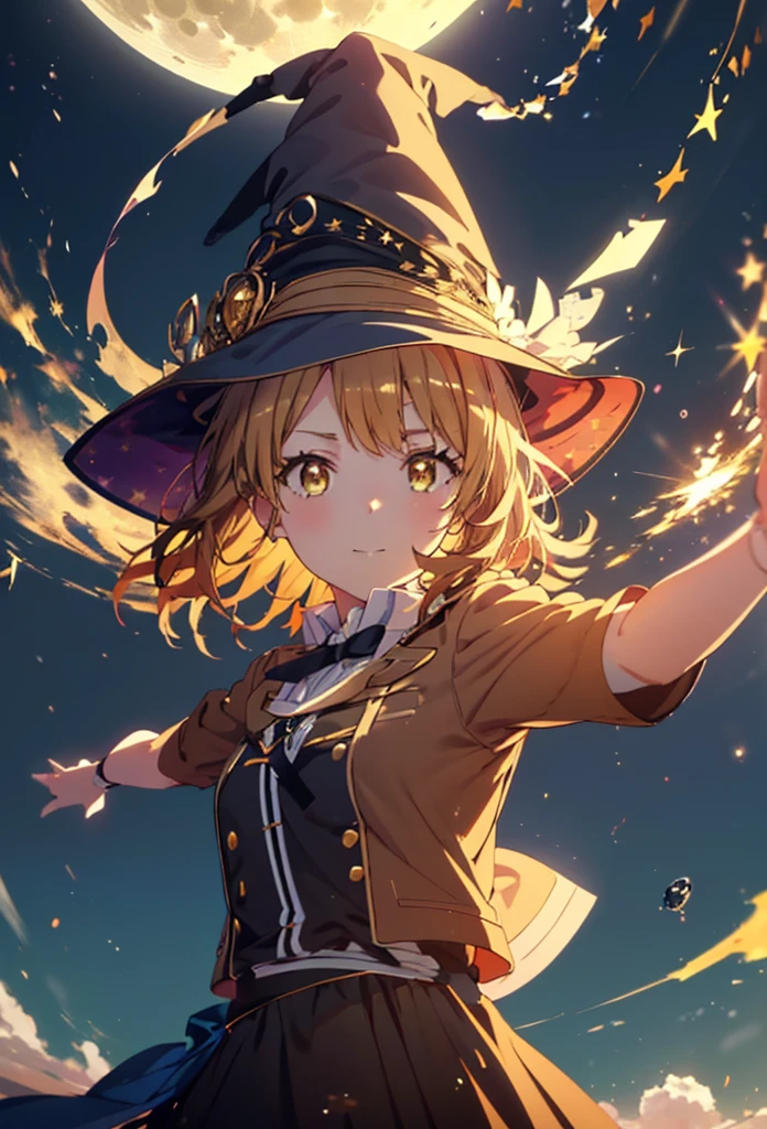 Irohaisshiki, isshiki iroha, short hair, Brown Hair, (Brown eyes:1.5), smile,((Night Sky)),((Big full moon)),((Sparkling and colorful stars)),Fluffy hair,((Idol style costume with soft volume)),Long skirt,((gorgeous wizard hat)),((witch)),(magic wand with a jewel on the tip),Explosive Flame,
break outdoors, forest,forest
break looking at viewer,Upper Body,
break (masterpiece:1.2), Highest quality, High resolution, unity 8k wallpaper, (shape:0.8), (Narrow and beautiful eyes:1.6), Highly detailed face, Perfect lighting, Extremely detailed CG, (Perfect hands, Perfect Anatomy),