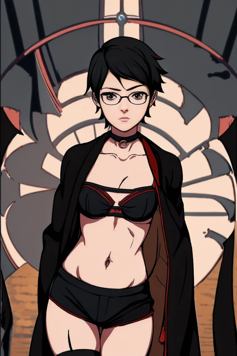 anime girl in a short dress and glasses with a red cape,| artgerm, female protagonist 👀 :8, realistic anime 3 d style, anime styled 3d, realistic anime artstyle((naked long belly)) background forest((((wearing short black cape and bra ,panites)))