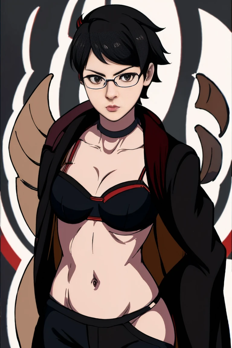 anime girl in a short dress and glasses with a red cape,| artgerm, female protagonist 👀 :8, realistic anime 3 d style, anime styled 3d, realistic anime artstyle((naked long belly)) background forest((((wearing short black cape and bra ,panites)))