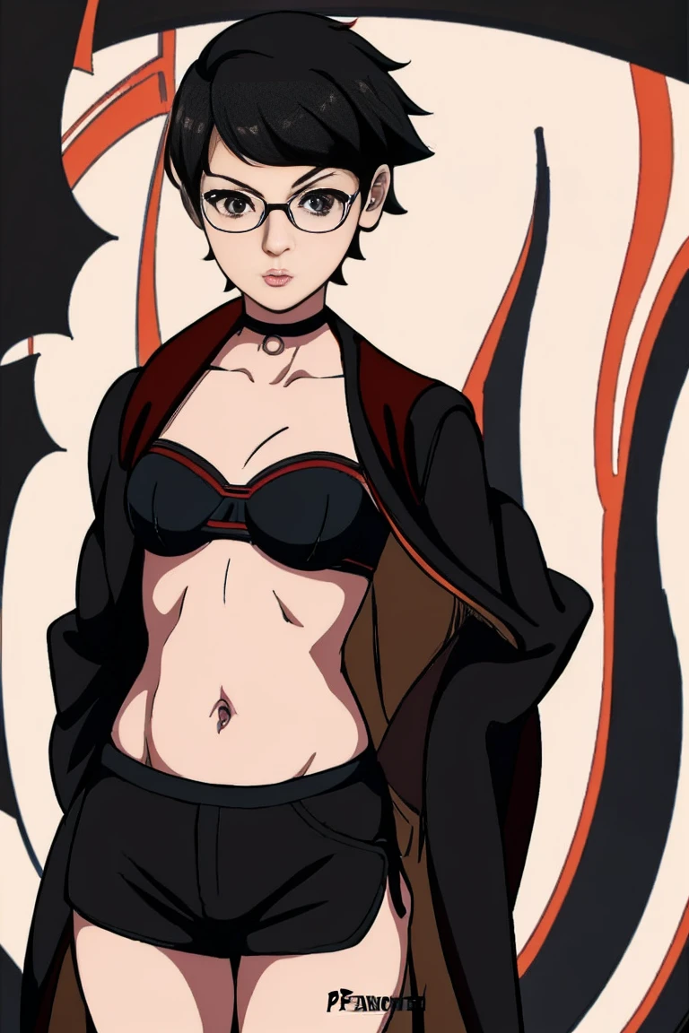 anime girl in a short dress and glasses with a red cape,| artgerm, female protagonist 👀 :8, realistic anime 3 d style, anime styled 3d, realistic anime artstyle((naked long belly)) background forest((((wearing short black cape and bra ,panites)))