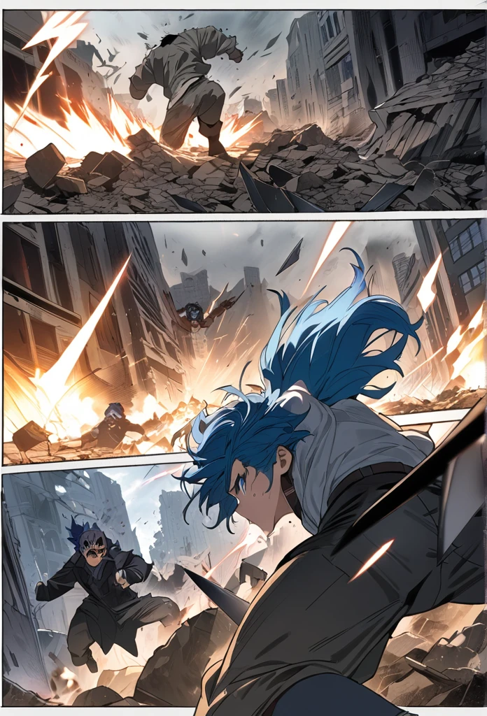 ((highest quality)), ((masterpiece)), ((detailed)), a dynamic scene with a man with blue hair and blue eyes in a powerful pose, throwing multiple knives emitting lightning at shadowy, demonic creatures made of smoke, set in a destroyed city with rubble, comic ebook storyboard, intense action, dramatic confrontation, high resolution, three panels HQ Chicken face detailed face