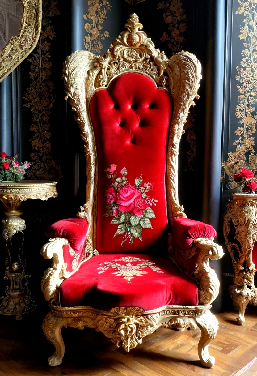palace,The magnificent queen's throne,Tall and spacious,French court rococo,Red Rose
