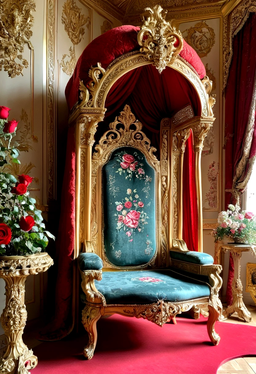 palace,The magnificent queen's throne,Tall and spacious,French court rococo,Red Rose
