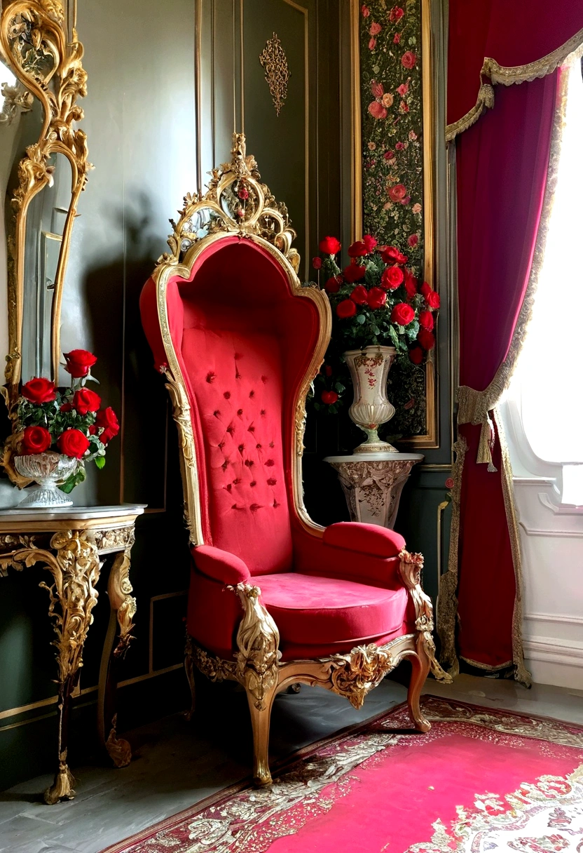palace,The magnificent queen's throne,Tall and spacious,French court rococo,Red Rose
