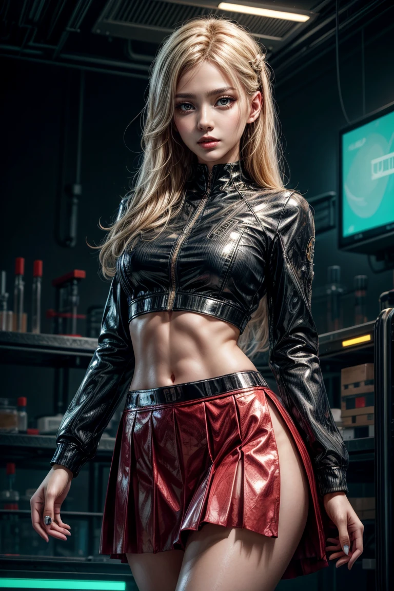 detailed background, laboratory, neon, masterpiece, best quality, fantasy concept art, cgstation trending, bio-luminescent, complex outfit, 1girl, solo, strutting, in runway, cyberpunk, posing seductively, alien, closeup, latex, shiny skin, shimmers, masterpiece, best quality, dynamic pose, aesthetic, beautiful face, blue, sci-fi, best quality, super high res, sexy, long hair, shiny blonde, beautiful and realistic face, ultra realistic face, accurate ultra realistic face, ultra - realistic face, model, tiny waist, ultrarealistic uhd faces, extremely realistic faces, beautiful highly symmetric face, hyper realistic face, pleated skirt, crop top
