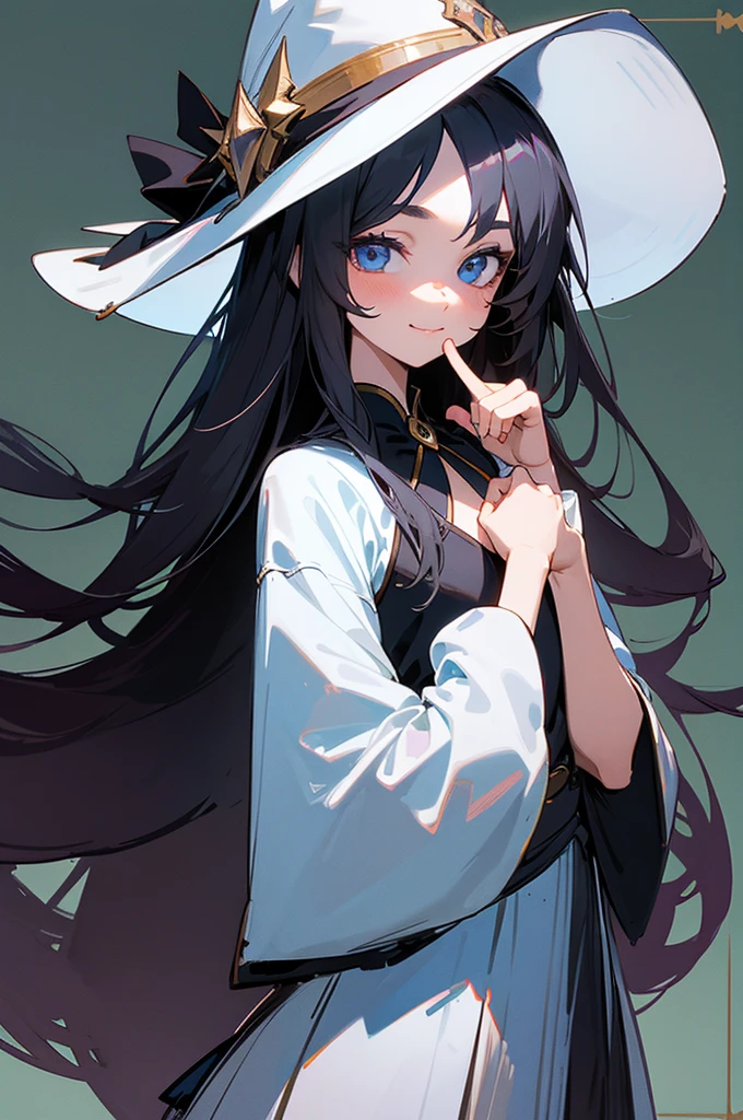 Perfect human body modeling, 1 girl, cute girl, pretty face, bitter smile, , Beautiful black long hair, beautiful eyes, flat chest, small build, No muscles, white skin, Western-style fantasy, RPG, wizard, Big magic wand, Big black hat,
