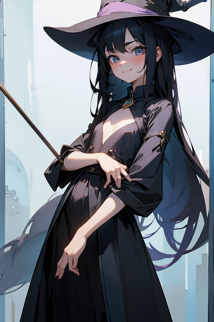 Perfect human body modeling, 1 girl, cute girl, pretty face, bitter smile, 12 years old, Beautiful black long hair, beautiful eyes, flat chest, small build, No muscles, white skin, Western-style fantasy, RPG, wizard, Big magic wand, Big black hat,