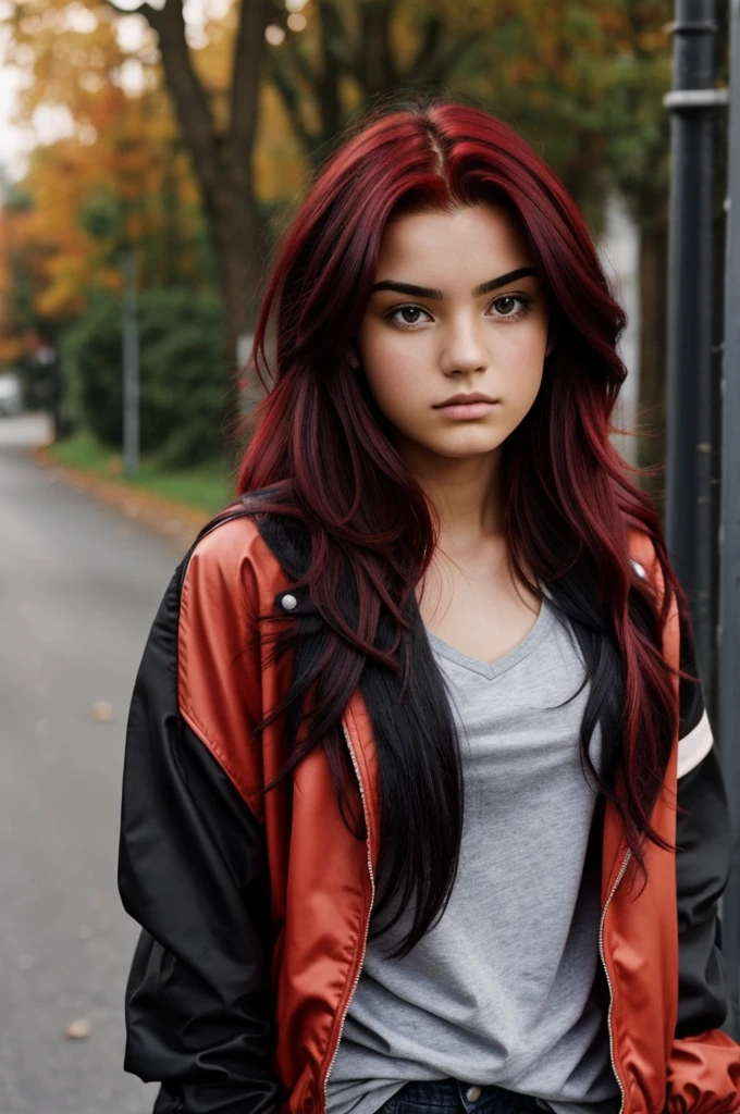Generates an 18 year old teenager, with black hair, tousled with red locks, jacket and serious 
