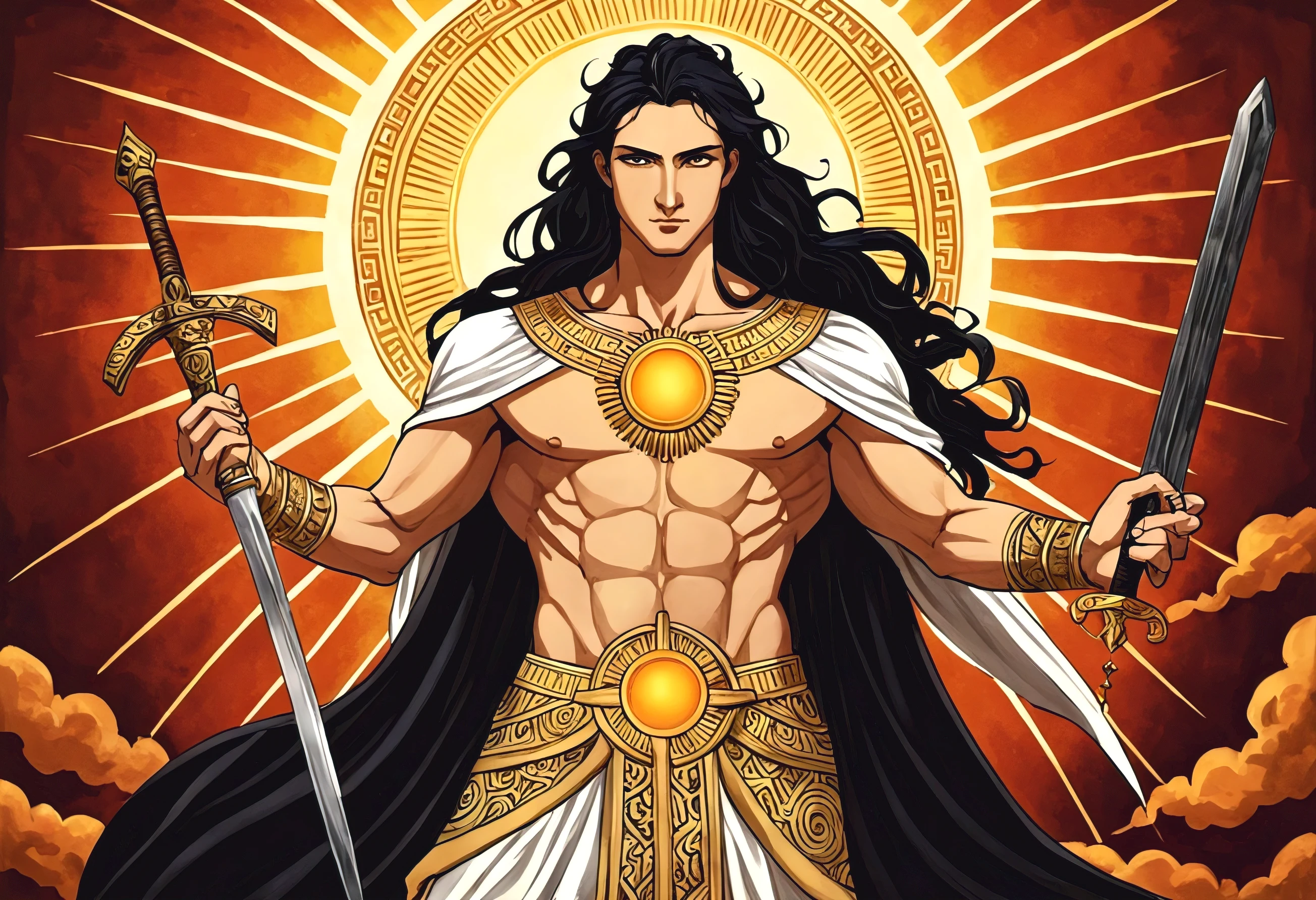 Timothy chalemet as greek god of the sun and darkness (posing holding a sword covered in an aura of darkness and the sun With long black hair And a strong body