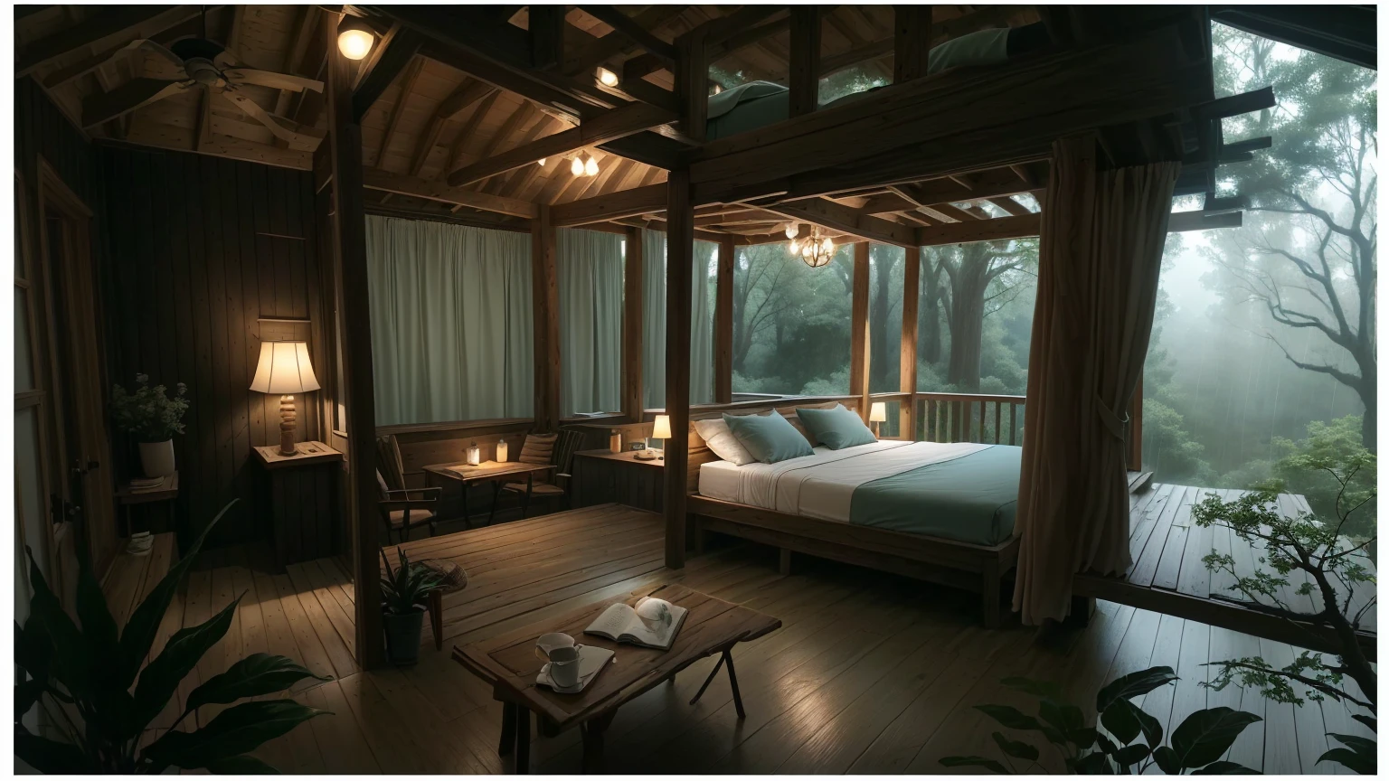 There is a bed in the room，There is a notebook on it, Comfortable place, Cozy tree house bedroom, Relaxation time. beautiful landscape, Comfortable and peaceful atmosphere, Comfortable room, comfortable environment, Comfortable atmosphere, Comfortable atmosphere, Comfortable and calm, relaxing environment, pleasant Comfortable atmosphere, comfortable environment, Cozy aesthetics, in a tree house, Rainy Days Indoors, Comfortable atmosphere