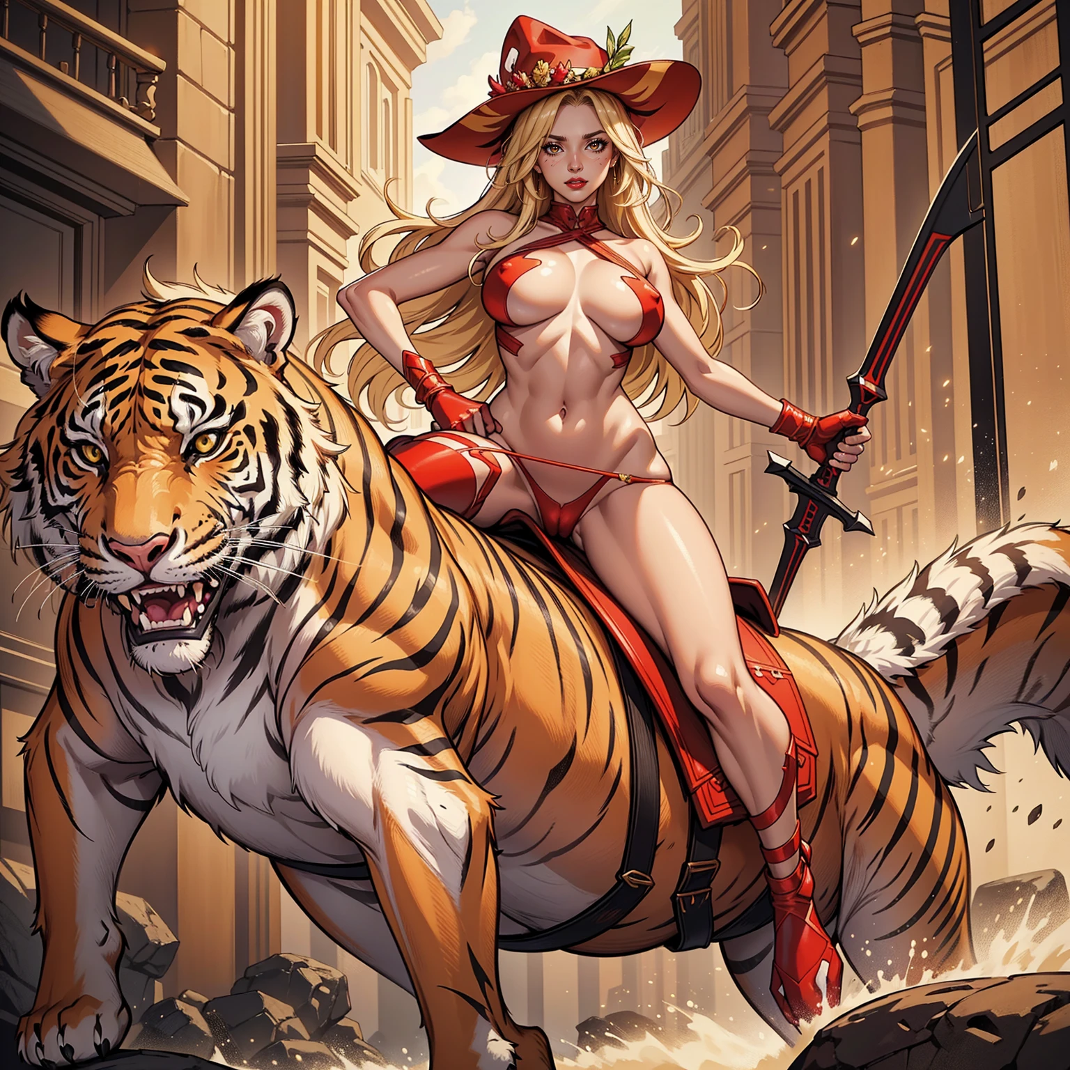 Masterpiece, Professional, High Definition - quality, sharp focus, perfect artwork, Best Illustration, trending on artstation, UHD, 4k, full body, NSFW
blond woman, tanned skin, hat, gigantic_breast, (red transparent slingshot), red lips, riding a Saber-Tooth Tiger