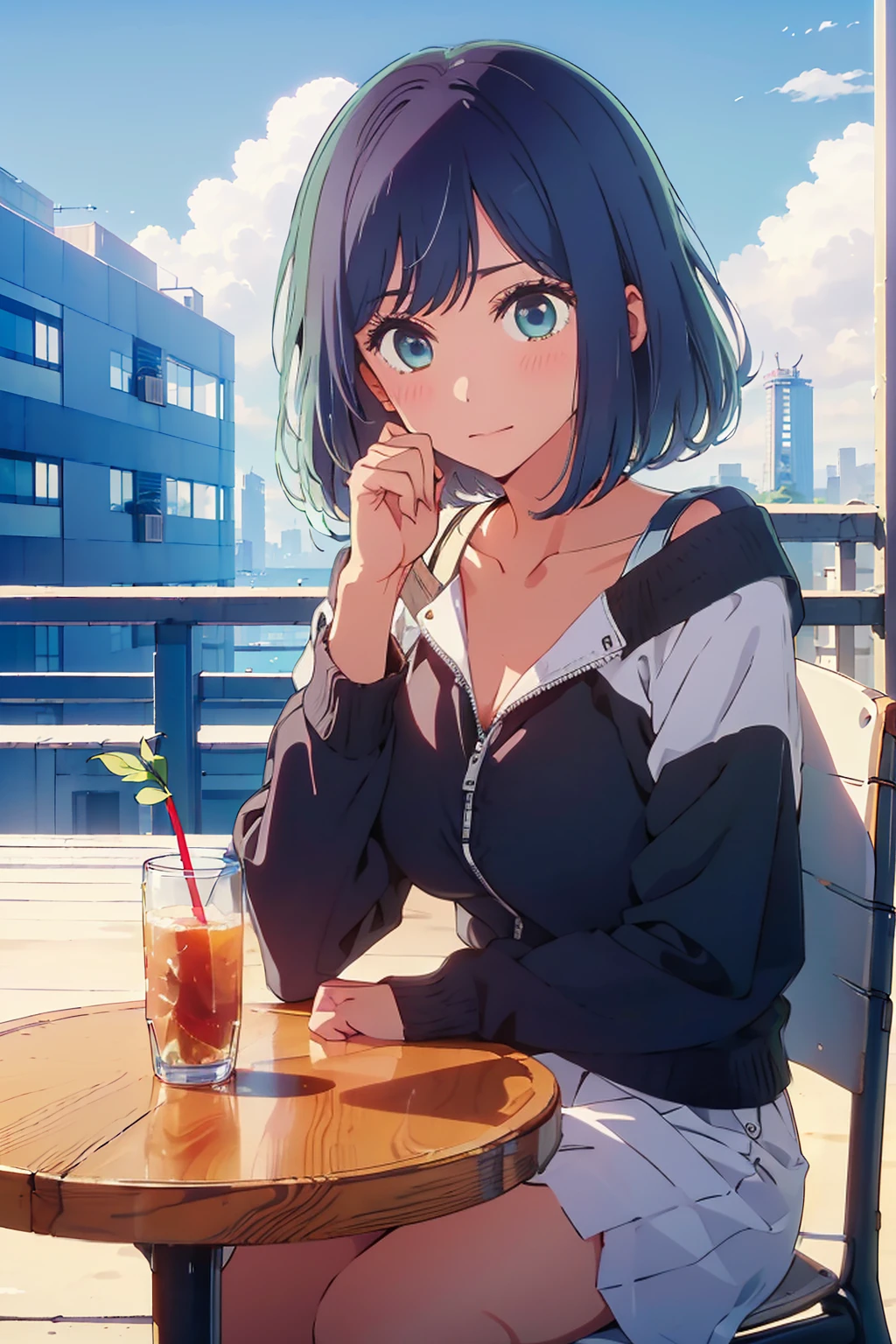 (Highest quality:1.4、8K:1.4、detailed)、F cup bust、Big Breasts、Slim body、Very white beautiful skin、((((1 person、Surprised expression、sit、Chair、In the background are the urban buildings of Tokyo、looking at the camera、Outdoor café terrace、Navy hair color、juice、table、Very cute face))))、((((nude、Areola))))、(Hand touching cheek pose:1.4、Cheek resting on hand:1.4)、(Off-the-shoulder blouson、Black blouson with zipper)、Very blue sky、A completely cloudless sky