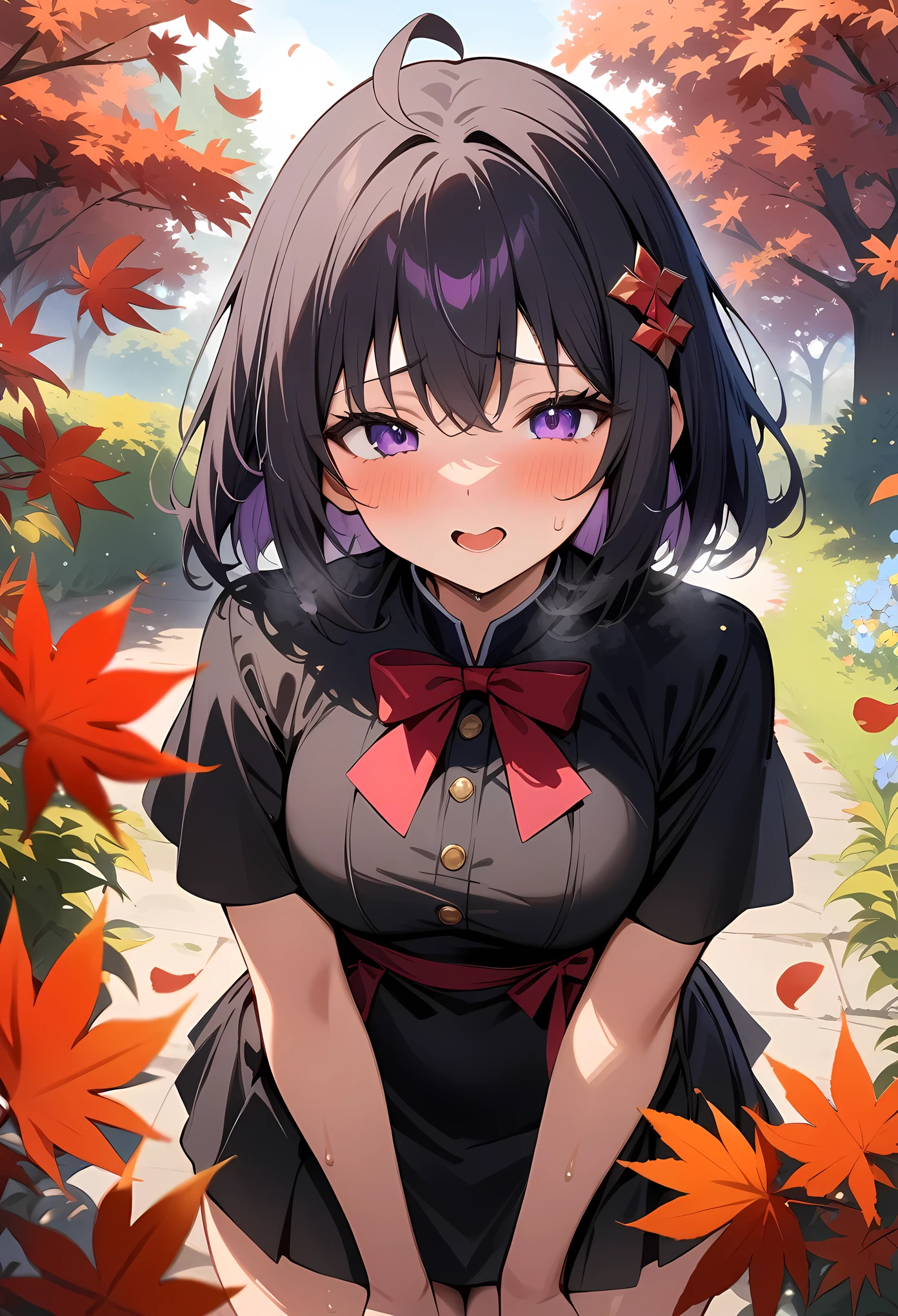 masterpiece, best quality, very aesthetic, absurdres, newest,Bashful,sweat,orgasm, ,maple (bofuri),bofuri,1girl, medium hair, ahoge, purple eyes, hair ornament, black dress, mini-skirt,,surrounding by flowers,falling_petals, outdoors, petals,