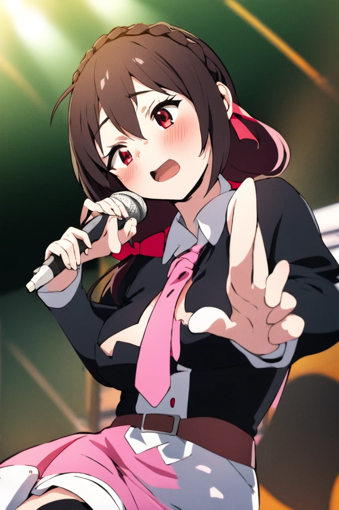 (masterpiece, Highest quality), One girl, Yunyun,Long Hair,Braiding,Twin tails,Hair between the eyes,Red hair ribbon,hair ornaments,large round breasts,、Pink Skirt、Black Hair、Crown Blade,Black Shirt, Long sleeve,Pink tie, belt, Cleavage cutout、Above the knee、(blush:1.ung face、A lively face、(Singing on stage with a microphone in one hand:1.2)