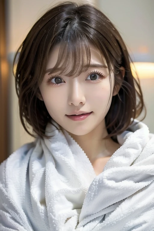 ((Highest quality)), ((masterpiece)), (detailed),female、(orgasm)、Japanese、28 years old、((A white bath towel is wrapped around the body.))、Hotel Rooms、short hair、Bob Hair、Light Brown Hair、((On the bed))、(After sex)、Tired face、((I am satisfied))、((Calm expression))、((sleepy))、Moments of Happiness、((Downcast face))、