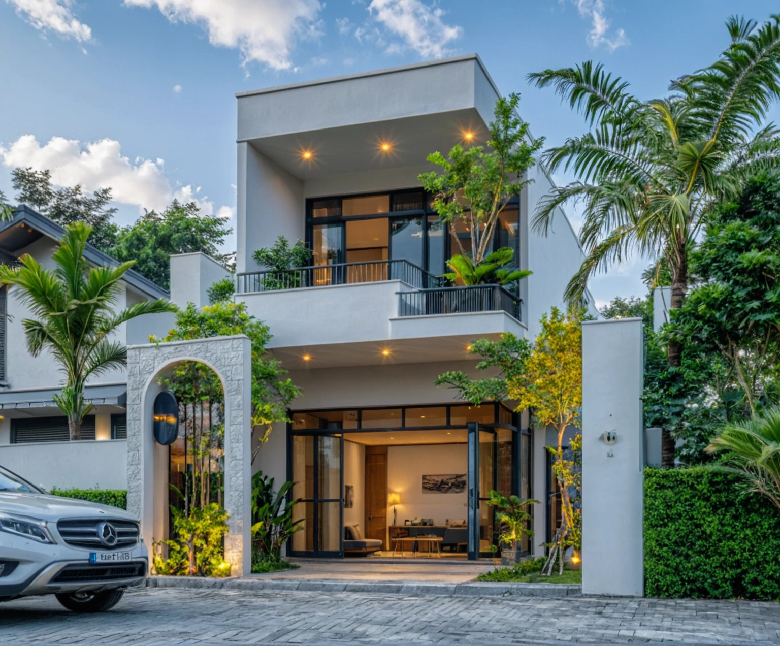 Masterpiece, high quality, best quality, authentic, super detail, outdoors, house style modern,bietthuhn, white wall, glass windows, gate road,pavement, grass, trees,blue sky, cloud, (day:1.1), realistic lighting