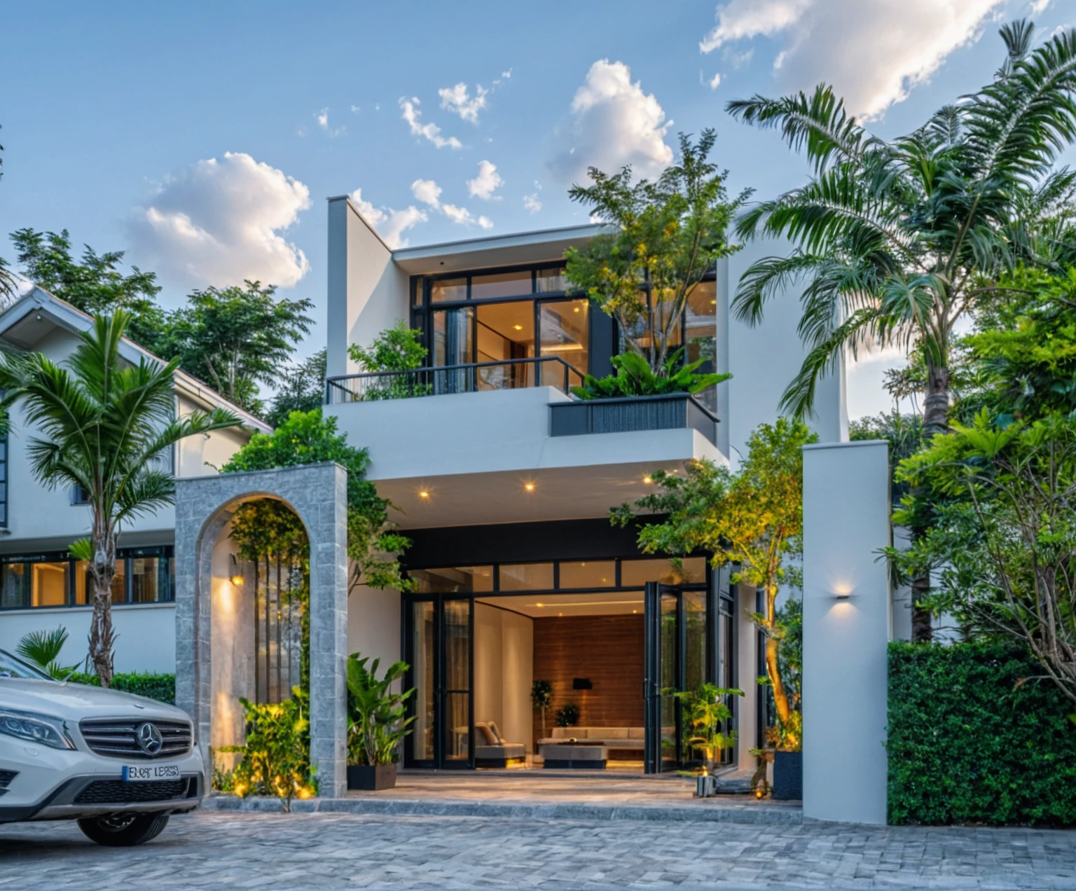 Masterpiece, high quality, best quality, authentic, super detail, outdoors, house style modern,bietthuhn, white wall, glass windows, gate road,pavement, grass, trees,blue sky, cloud, (day:1.1), realistic lighting