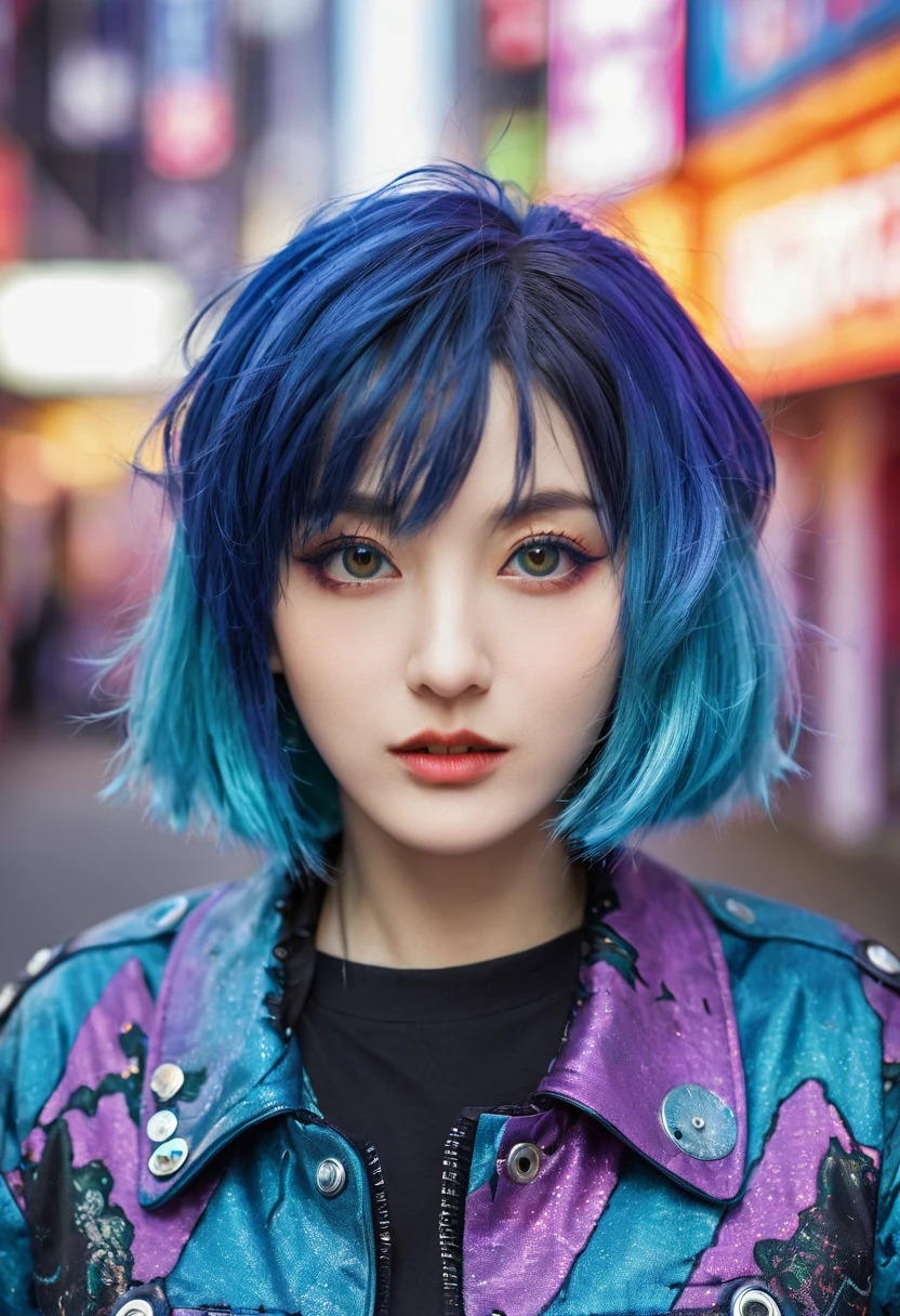(masterpiece,detailed,highres:1.4) , model shot, close up, detailed face, fine detailed eyes,, (kirishima touka),blue middle hair,ghoul eye,retro jacket,Tokyo Ghoul,retrofuturism background, vibrant colours, hdr,, ,