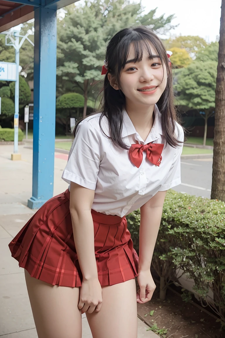 girl standing in school park,sailor shirt with red bow tie,school skirt,18-year-old,bangs,a little smiles,thighs,knees,from below