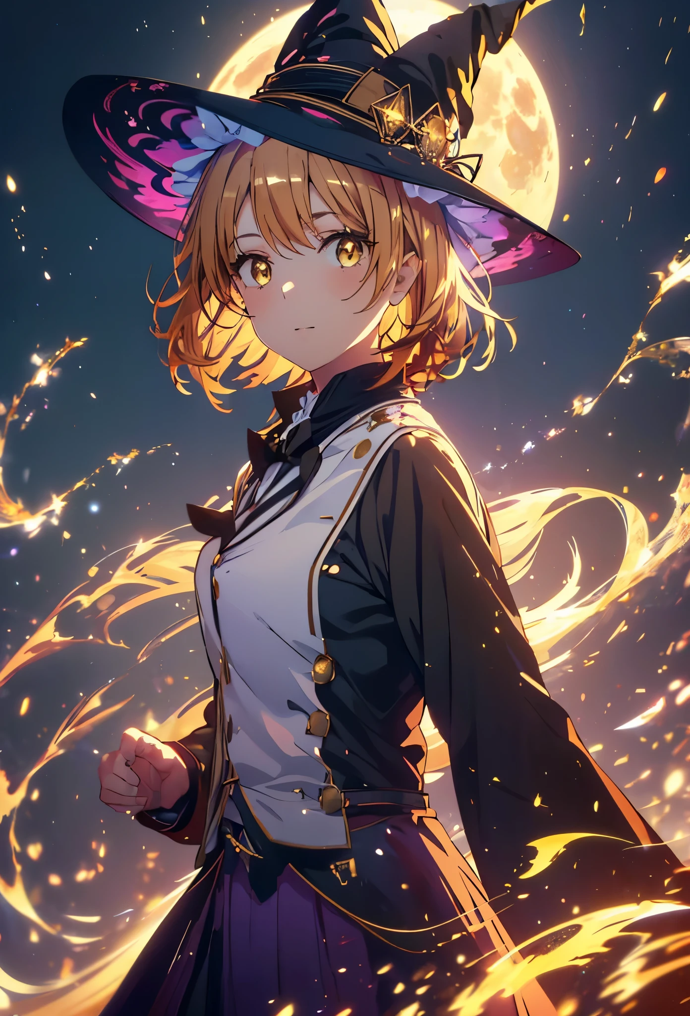 Irohaisshiki, isshiki iroha, short hair, Brown Hair, (Brown eyes:1.5), smile,((Night Sky)),((Big full moon)),((Sparkling and colorful stars)),Fluffy hair,((Idol style costume with soft volume)),Long skirt,((gorgeous wizard hat)),((witch)),(magic wand with a jewel on the tip),Explosive Flame,
break outdoors, forest,forest
break looking at viewer,Upper Body,
break (masterpiece:1.2), Highest quality, High resolution, unity 8k wallpaper, (shape:0.8), (Narrow and beautiful eyes:1.6), Highly detailed face, Perfect lighting, Extremely detailed CG, (Perfect hands, Perfect Anatomy),