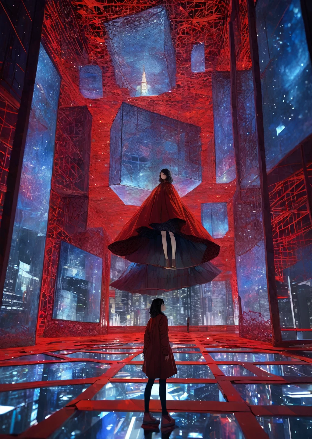 flat color , depth of field
(Chiharu Shiota) colorful, dream-like, female-figures, immersive, installation, playful, Swiss, vibrant, video-art
1girl As the protagonist stands atop the towering skyscraper, a colossal hologram of a girl fills the night sky in the futuristic metropolis.
The city's neon glow and illuminated tunnels contrast with the lifelike holographic image, captivating the character with the boundless possibilities of this mesmerizing, AI-enhanced world
best quality, masterpiece,