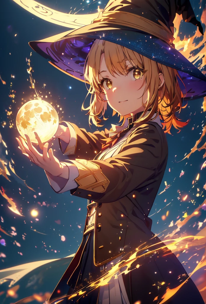 Irohaisshiki, isshiki iroha, short hair, Brown Hair, (Brown eyes:1.5), smile,((Night Sky)),((Big full moon)),((Sparkling and colorful stars)),Fluffy hair,((Idol style costume with soft volume)),Long skirt,((gorgeous wizard hat)),((witch)),(magic wand with a jewel on the tip),Explosive Flame,
break outdoors, forest,forest
break looking at viewer,Upper Body,
break (masterpiece:1.2), Highest quality, High resolution, unity 8k wallpaper, (shape:0.8), (Narrow and beautiful eyes:1.6), Highly detailed face, Perfect lighting, Extremely detailed CG, (Perfect hands, Perfect Anatomy),