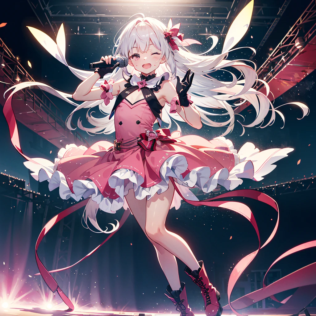 (((Masterpiece, highest quality, 8K))),High-definition background, bright and beautiful atmosphere,, white hair, happy face, camera shot, flat chest, drool, pink dress, frills, super long hair, floating hair, microphone, holding microphone, one eye closed, mouth open, boots, pink boots, skirt, gloves, pink gloves, stage, legs up, floating hair, looking at viewer, bangs, background A blurred photo,