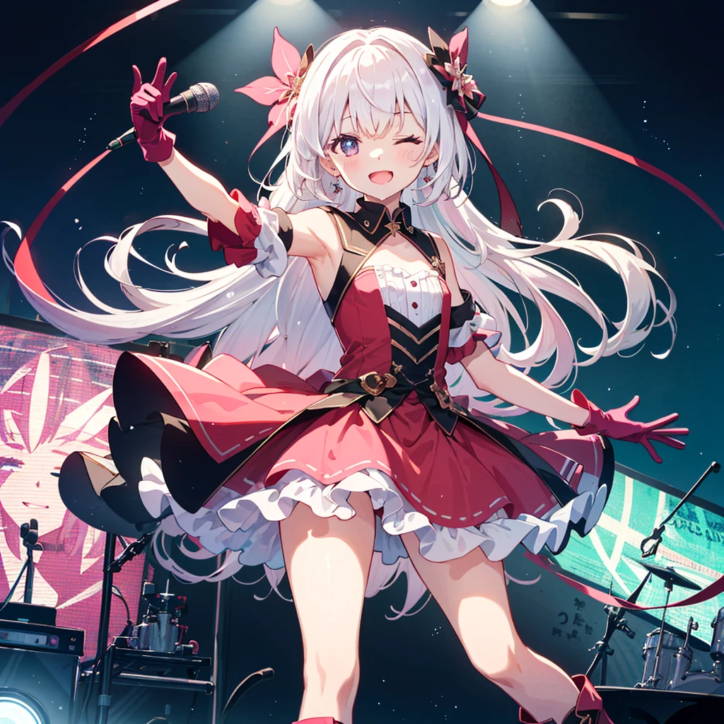 (((Masterpiece, highest quality, 8K))),High-definition background, bright and beautiful atmosphere,, white hair, happy face, camera shot, flat chest, drool, pink dress, frills, super long hair, floating hair, microphone, holding microphone, one eye closed, mouth open, boots, pink boots, skirt, gloves, pink gloves, stage, legs up, floating hair, looking at viewer, bangs, background A blurred photo,