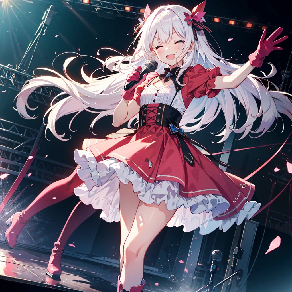 (((Masterpiece, highest quality, 8K))),High-definition background, bright and beautiful atmosphere,, white hair, happy face, camera shot, flat chest, drool, pink dress, frills, super long hair, floating hair, microphone, holding microphone, one eye closed, mouth open, boots, pink boots, skirt, gloves, pink gloves, stage, legs up, floating hair, looking at viewer, bangs, background A blurred photo,
