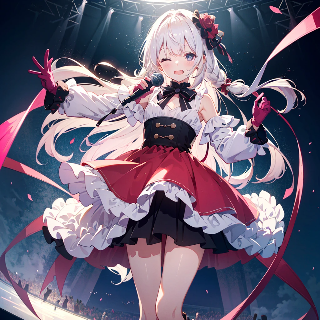 (((Masterpiece, highest quality, 8K))),High-definition background, bright and beautiful atmosphere,, white hair, happy face, camera shot, flat chest, drool, pink dress, frills, super long hair, floating hair, microphone, holding microphone, one eye closed, mouth open, boots, pink boots, skirt, gloves, pink gloves, stage, legs up, floating hair, looking at viewer, bangs, background A blurred photo,