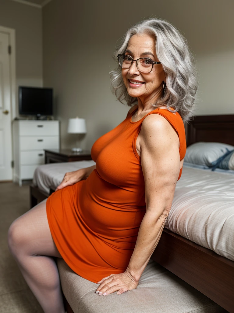 Mature old woman 80 years with silver hair, plus size, red lips, long-long curly grey hair, old face and body with many wrinkles, smiling, loose skin, standing at bedroom posing for photo, She wearing tight orange bodycon dress, large neckline and lace stockings and glasses side view. jaw dropping mature older beauty, old face and body with wrinkles, legs are visible, old face, attractive grandma, a gorgeous old hair, beautiful old grandma, lovely older mature grandma, gorgeous beautiful grandma over 80 years old, beautiful silver hair grandma, beautiful detailed body and face, a beautiful old granny
