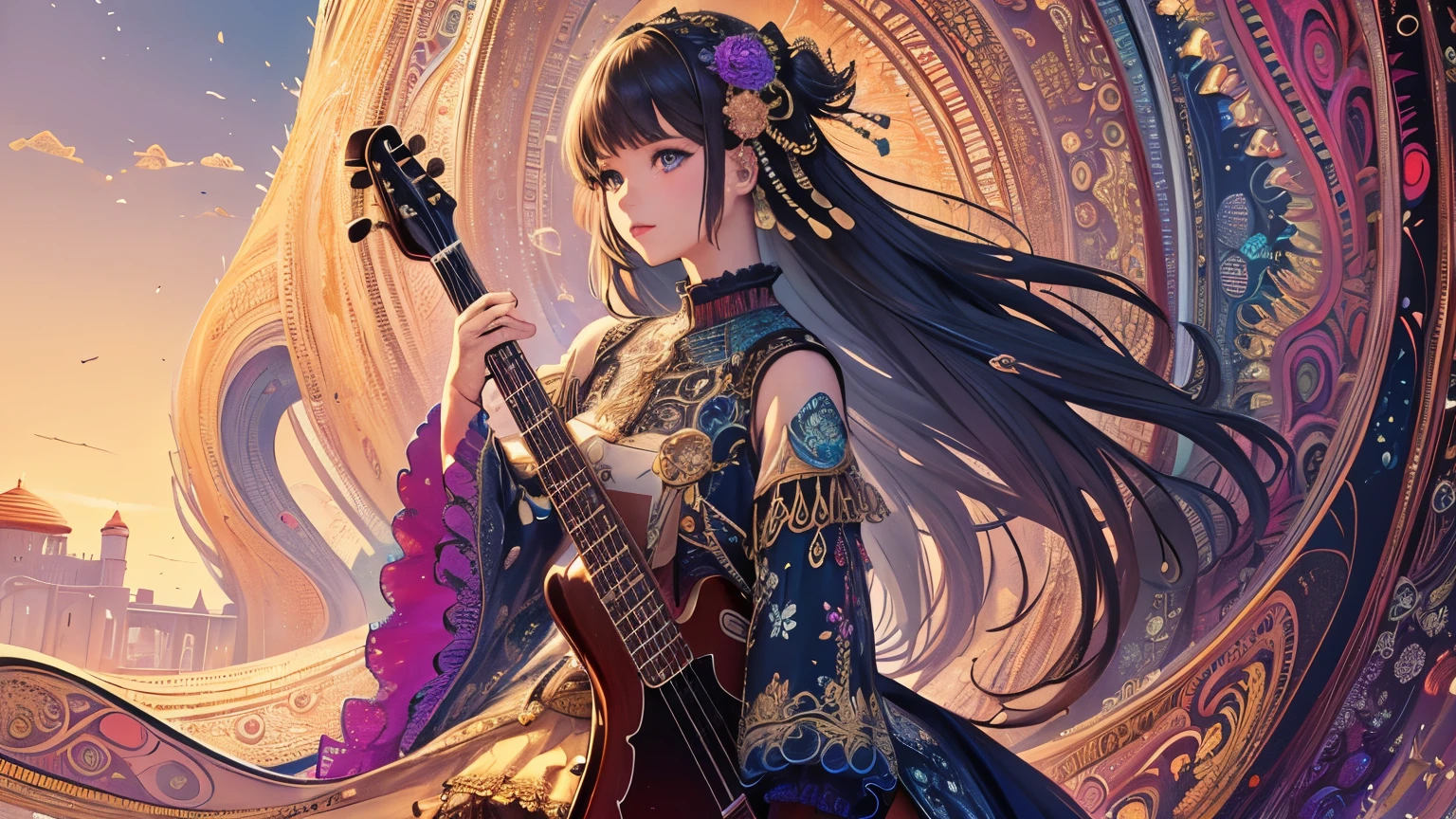 (masterpiece, highest quality, highest quality, official art, beautiful and aesthetic:1.2), (1 girl), guitarist, very detailed,(fractal art:1.3),colorful,most detailed