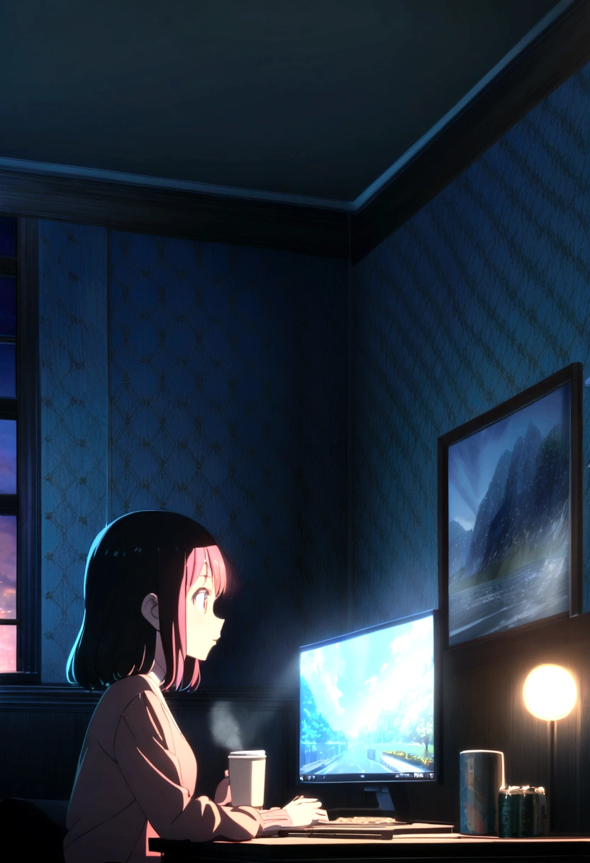 Can you give me four examples of anime-style images of a young woman studying on a computer while drinking coffee at a table in front of a window?。., Home bedroom interior, Anime Background, Movie Night Light, Ray Tracing, Highly detailed interior wallpaper, Classic Light,