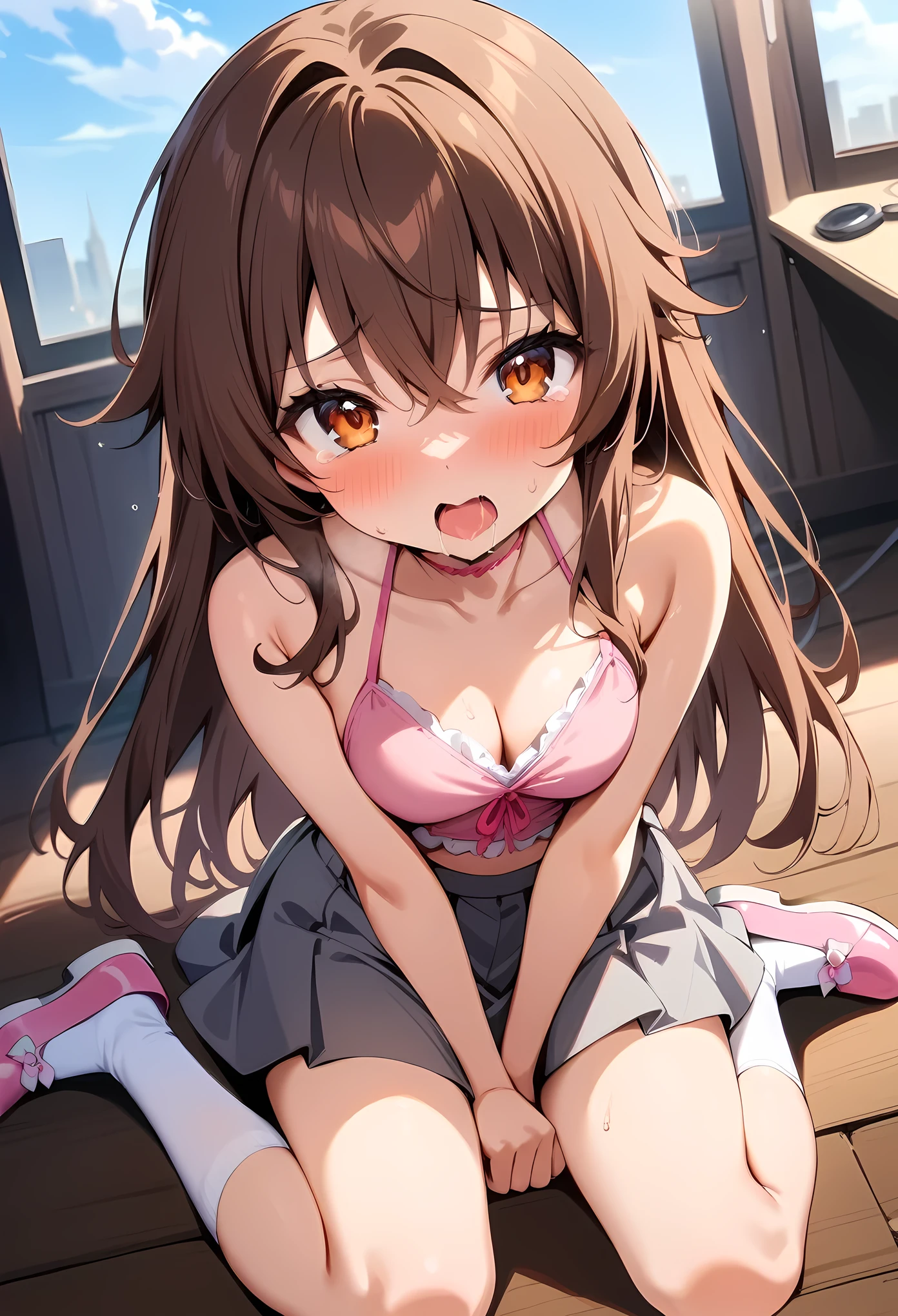 masterpiece, best quality, very aesthetic, absurdres, newest,selfie,1girl, wariza, masturbate, one_hand_between_legs ,open_mouth, saliva, tear in eyes,,embarrassed, ,yuuki_mikan( to_love-ru), to_love-ru, 1girl, orange_eyes,long_hair, brown_hair, hair_ornament,grey_skirt, halterneck, miniskirt, pink_footwear, pink_top, shoes, skirt, socks, white_socks,bare_arms, bare_shoulders,,on stage