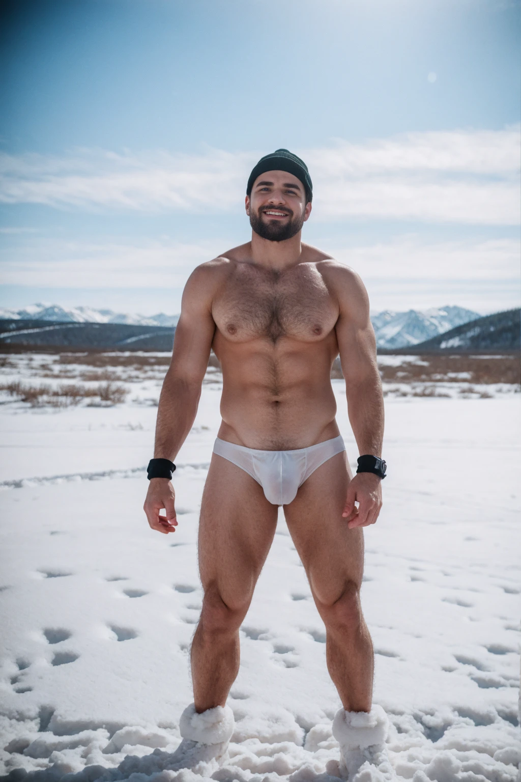 1 stocky shirtless Russian gay is standing with his legs and thighs opened and spread in the snow with wide landscape of snowfield , 1 man only, no other people, iceblocks and icelake and snow scene, he is wearing white fur gloves, fur woolen hat to cover snow , moustache, facial hair, white transparent thong bikini highlighting big bulge and big butts, Wear knee-length fur shoes.,masculine and stocky, shirtless, handsome face with detailed facial features, shirtless and wearing nothing, correct accurate male anatomy,skinny boy body, muscle body,sport body, big muscle, Handsome face, wet oiled waxy shiny greasy muscles and skin, flawless white skin, masterpiece, professional DSLR shoot and retouching, illustration art, shadow, highlight, sharpness, depth of field, dessert and Russian snow field environment, sexy, hot gay erotic illustration art, sexy and hot,Close-up photo,(Best quality, 8k, Masterpiece).,Smiling face, good mood.highest detail, superior quality, natural lighting, beautiful, sexy, correct anatomy, good composition,realistic shapes, realistic skin tones,Natural eyes,realistic eyes,looking up at viewer,vpl,realistic muscles,Realistic wrinkles on the skin,Realistic arms and legs,Realistic face,realistic hair,Make a sexy and seductive face, man focus,amazing composition, front view, HDR, volumetric lighting, ultra quality, elegant,Post a erotic photoshoot,Realistic pose,detailed hair,full body,Fujifilm XT3 photorealistic art by midjourney