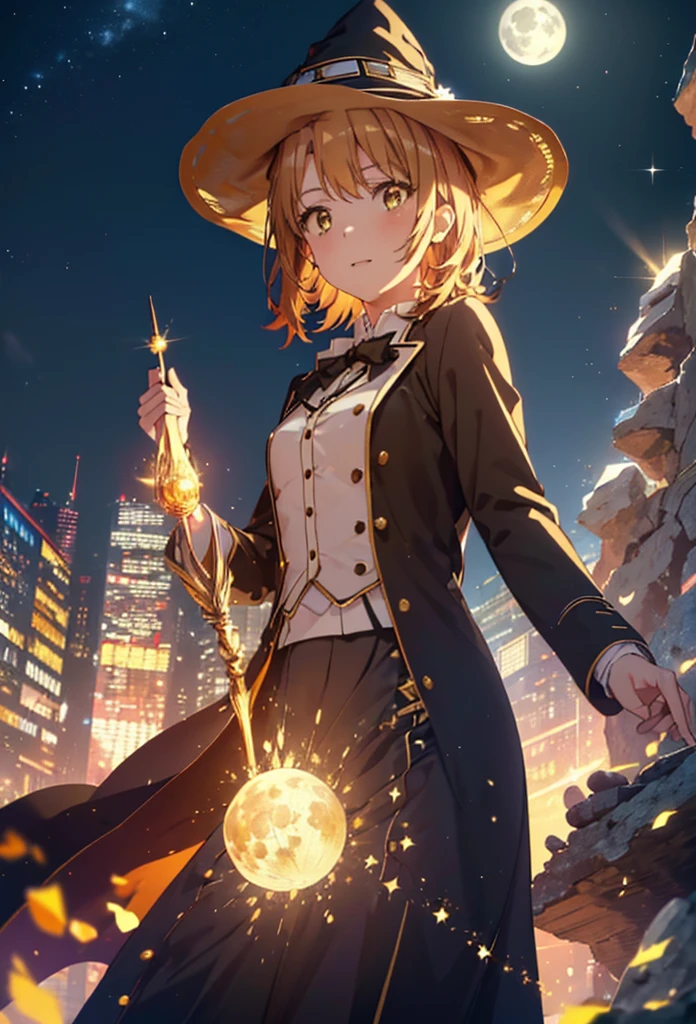 Irohaisshiki, isshiki iroha, short hair, Brown Hair, (Brown eyes:1.5), smile,((Night Sky)),((Big full moon)),((Sparkling and colorful stars)),Fluffy hair,((Idol style costume with soft volume)),Long skirt,((gorgeous wizard hat)),((witch)),(magic wand with a jewel on the tip),Explosive Flame,
break outdoors, forest,forest
break looking at viewer,Upper Body,
break (masterpiece:1.2), Highest quality, High resolution, unity 8k wallpaper, (shape:0.8), (Narrow and beautiful eyes:1.6), Highly detailed face, Perfect lighting, Extremely detailed CG, (Perfect hands, Perfect Anatomy),