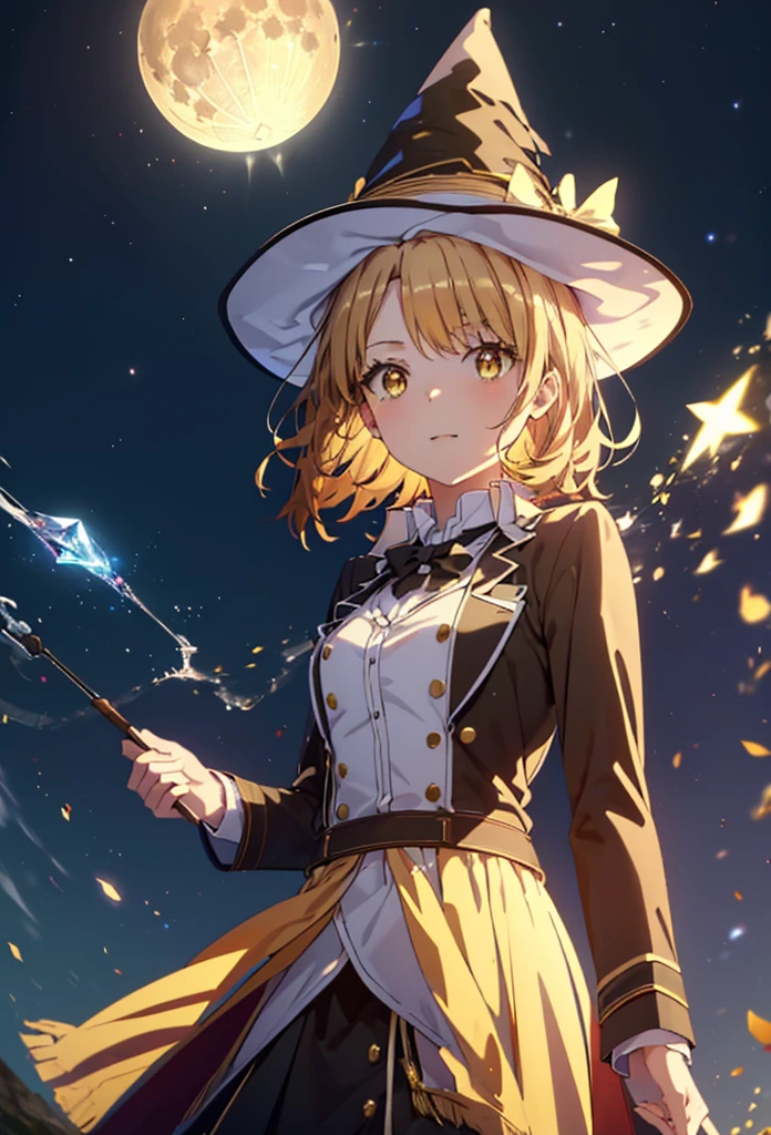 Irohaisshiki, isshiki iroha, short hair, Brown Hair, (Brown eyes:1.5), smile,((Night Sky)),((Big full moon)),((Sparkling and colorful stars)),Fluffy hair,((Idol style costume with soft volume)),Long skirt,((gorgeous wizard hat)),((witch)),(magic wand with a jewel on the tip),Explosive Flame,
break outdoors, forest,forest
break looking at viewer,Upper Body,
break (masterpiece:1.2), Highest quality, High resolution, unity 8k wallpaper, (shape:0.8), (Narrow and beautiful eyes:1.6), Highly detailed face, Perfect lighting, Extremely detailed CG, (Perfect hands, Perfect Anatomy),
