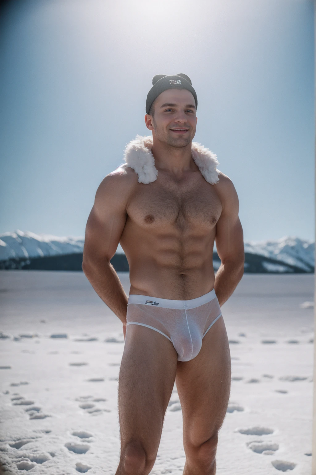 1 stocky shirtless Russian gay is standing with his legs and thighs opened and spread in the snow with wide landscape of snowfield , 1 man only, no other people, iceblocks and icelake and snow scene, he is wearing white fur gloves, fur woolen hat to cover snow , moustache, facial hair, white transparent thong bikini highlighting big bulge and big butts, Wear knee-length fur shoes.,masculine and stocky, shirtless, handsome face with detailed facial features, shirtless and wearing nothing, correct accurate male anatomy,skinny boy body, muscle body,sport body, big muscle, Handsome face, wet oiled waxy shiny greasy muscles and skin, flawless white skin, masterpiece, professional DSLR shoot and retouching, illustration art, shadow, highlight, sharpness, depth of field, dessert and Russian snow field environment, sexy, hot gay erotic illustration art, sexy and hot,Close-up photo,(Best quality, 8k, Masterpiece).,Smiling face, good mood.highest detail, superior quality, natural lighting, beautiful, sexy, correct anatomy, good composition,realistic shapes, realistic skin tones,Natural eyes,realistic eyes,looking up at viewer,vpl,realistic muscles,Realistic wrinkles on the skin,Realistic arms and legs,Realistic face,realistic hair,Make a sexy and seductive face, man focus,amazing composition, front view, HDR, volumetric lighting, ultra quality, elegant,Post a erotic photoshoot,Realistic pose,detailed hair,full body,Fujifilm XT3 photorealistic art by midjourney